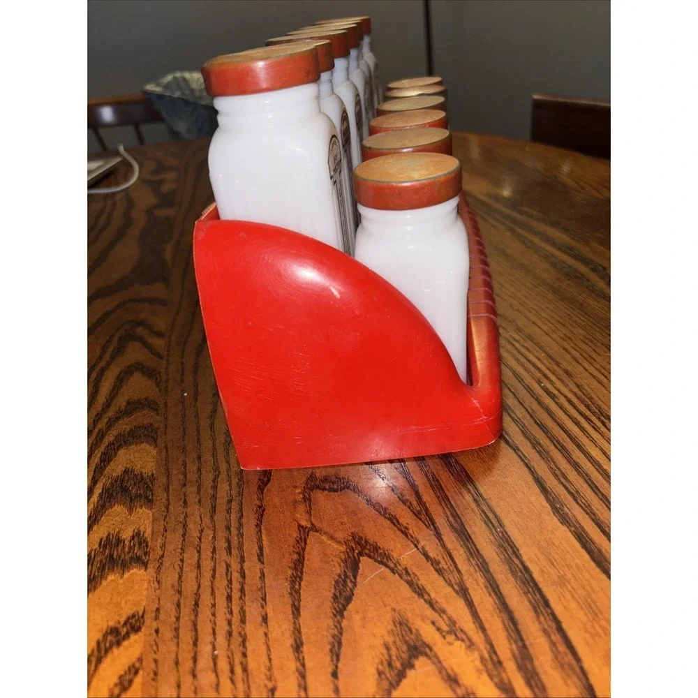 Griffith 12 Milk Glass Spice Jars Red Caps Red Rack Vintage Art Deco Kitchen